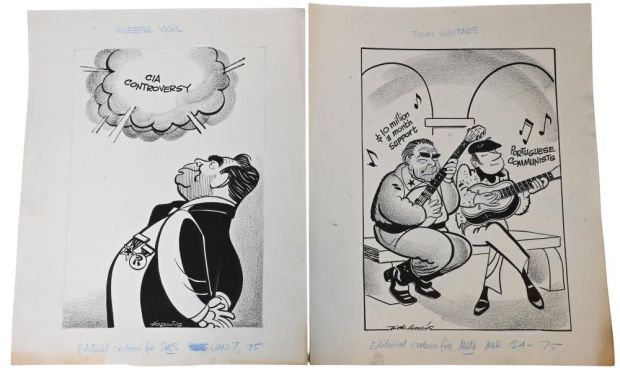 Lot 113 - 8 Dick Hodgins (American 20th Century), Original Editorial Cartoons Eight original pen and ink editorial cartoons on… | misc / divers