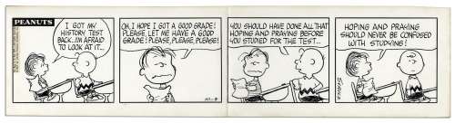 Schulz ‘‘Peanuts‘‘ Strip From 1967 -- Charlie Brown & Linus Wait for Their Test Scores -- Accompanied by a Schulz Typed Letter Signed