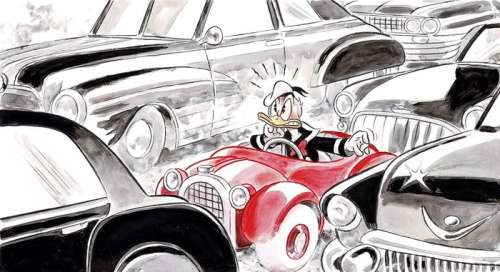 Donald Duck Angry in Traffic - Large Painting - 65x50 cm - Tony Fernandez - Aquarelle Art | Catawiki