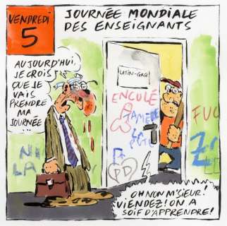 Vuillemin, Philippe - Dessin original + mise en couleur sur papier - Journée mondiale des enseignants - Charlie Hebdo (2018) | Catawiki
