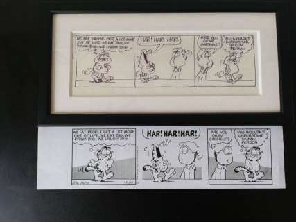Davis, Jim - original prelim strip art for Garfield  strip January 8th 1985 - matted and framed - Page volante - art original | Catawiki