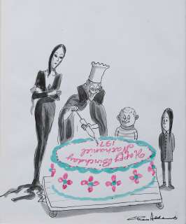 Charles Addams painting of the Addams Family and a Birthday Cake. | Profiles in History