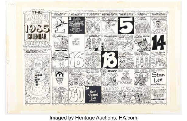 Ron Zalme Marvel Age #36 December 1985 Back Cover Calendar Illustration Original Art (Marvel, 1986). | Heritage
