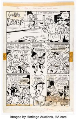 Dan DeCarlo and Jim DeCarlo (attributed) - Archie "The Hold-Up Hostess Fruit Pies Complete 1-Page Ad Original Art (Archie, 1975). | Heritage