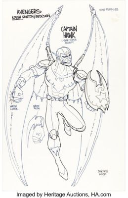 Darren Auck - Captain Hawk Canceled Avengers Toy Project Character Redesign Sketch Original Art (c. 1990s). | Heritage