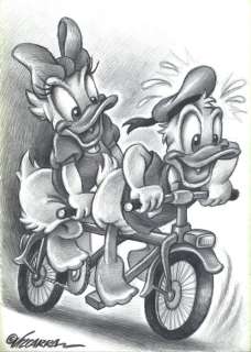 Daisy & Donald Duck On A Tandem - Original Drawing - Joan Vizcarra - Pencil Art | Catawiki