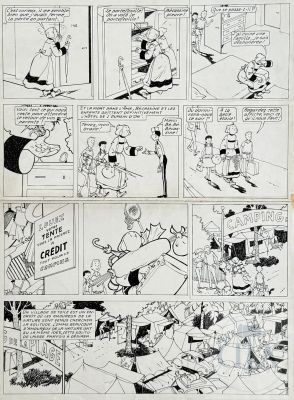 Pinchon / Trubert / Bécassine. Planche Originale N°18 D’une Histoire Ou Bécassine Doit Quitter L’hôtel de L’oursin D’or Pour Le Camping… Belle Qualité D’exécution. Encre de Chine Vers 1930. Rare. Tbe. 52 X 38 Cm | Lot 461 : Pinchon / Trubert / Bécassine. Planche originale n°18 d’une… | Dagoty