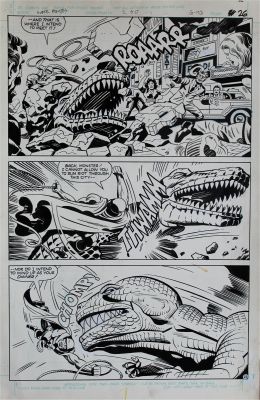 Jack KIRBY e Greg THEAKSTON - Tavola originale per SUPER POWERS #2 . Cm.33 x 51. DC COMICS. Year 1985. Pag.26. NB: Le tavole di questa serie sono state realizzate matita e china da Greg Theakston al tavolo luminoso sulle matite di Jack Kirby (lightbox-inked). Pertanto le matite di Jack Kirby si sono preservate su un supporto a parte, anzichè venire ricoperte dalla china come sempre accade nel procedimento più classico.
