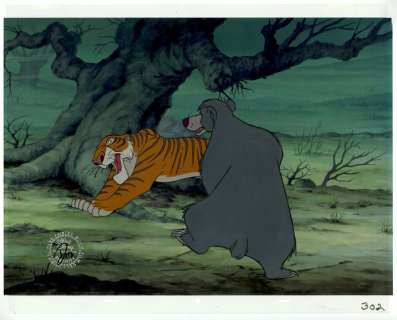 Disney Studios - Original production Cel + Copy Background - Baloo & Shere Kahn - Jungle Book - Original Celluloid - (1967) | Catawiki