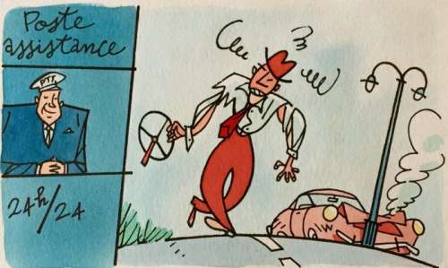 Serge Clerc - Dessin original couleurs - "La poste assistance" - Loose page (1989) | Catawiki