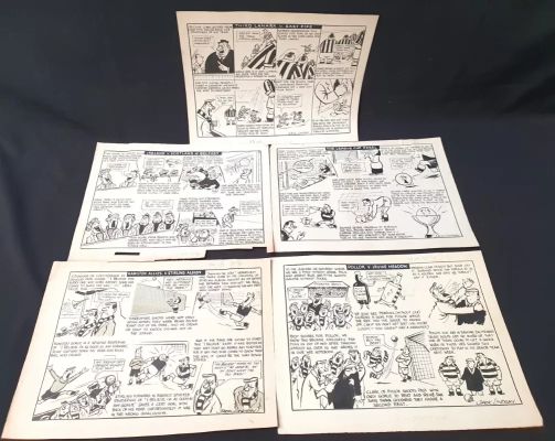 Lot 393 - JACK LINDSAY - FIVE PEN AND INK ORIGINAL FOOTBALL INTEREST COMIC STRIPS circa 1940s/50s, including | misc / divers