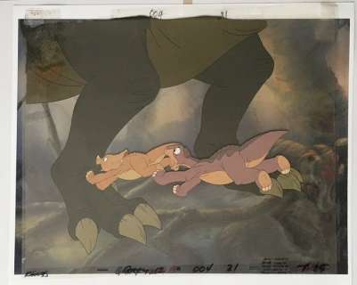 Don Bluth - Original Production Cels + Copy Background + color model drawings - The Land Before Time - Original celluloid - (1988) | Catawiki