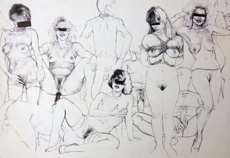 Riccardo Mannelli - Original Illustration - ’Anonymous Group with 6 Women’ - Size: 48 x 32 cm. - Loose page | Catawiki
