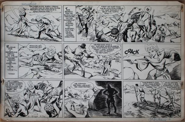 Lyman YOUNG - Striscia originale domenicale Sunday comic strip Tim Tyler’s Luck. Cm. 73 x 50. United Features Syndicate 20-11-1938.  Firmata.