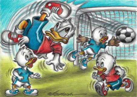 Joan Vizcarra | Donald Duck Playing Soccer with Nephews! - Original Drawing - Joan Vizcarra - 50 x 32 cm | Catawiki