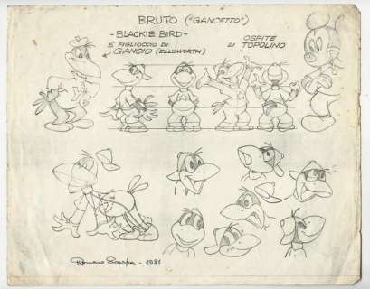 Romano Scarpa | Romano Scarpa - model sheet "Bruto (Gancetto) - Blackie Bird" - Page volante - EO - (1981) | Catawiki