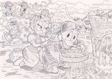 Julian Jordan | Julian Jordan - Original drawing - Scrooge and Glittering Goldie, The Gold River - Size: 29,8 x 21 cm. | Catawiki