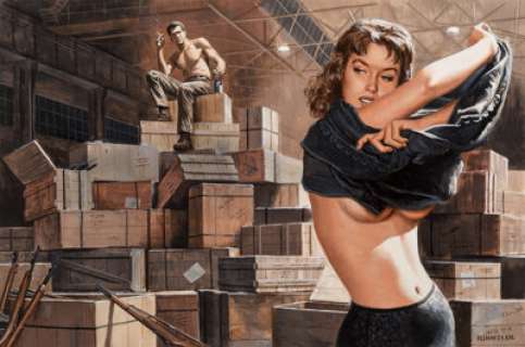 Mort KÃ¼nstler (American, b. 1931)
 Warehouse Girl, Stag magazine interior illustration, 1965
 Gouache on board
 14 x 21 ... | Heritage