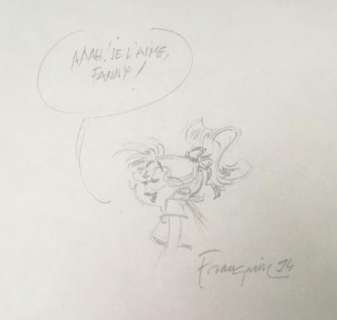Franquin | Franquin Gaston Jeanne dédicace Fanny crayon signé | JeanMichel.net