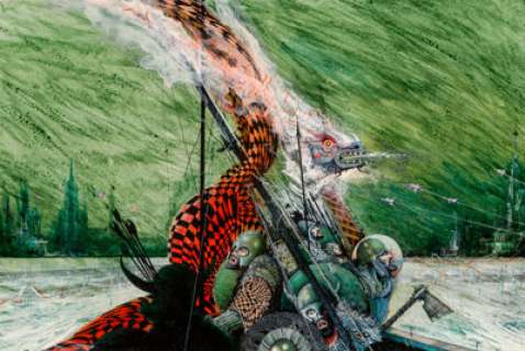  - Ian Miller (American, b. 1946)
 Suaine and the Crow God paperback cover, 1975
 Mixed media on board
 8-1/2 x 12-1/4 inch...