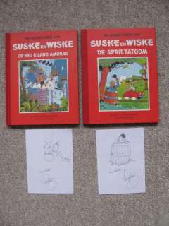 Willy Vandersteen | Suske en Wiske 2 + 3 - Op het eiland Amoras + De Sprietatoom - Rode Klassiek Reeks + 2x fraaie pentekening van Paul Geerts - Cartonné - Réédition - (1993) | Catawiki