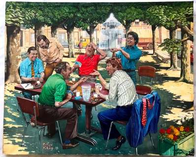 Pierre Tabary | Peter Glay (= Pierre Tabary) - Originele illustratie in olie- of acrylverf - Illustratie voor PILOTE - ’Kaartplezier op dorpsplein in Zuid-Frankrijk’ - (1978) | Catawiki