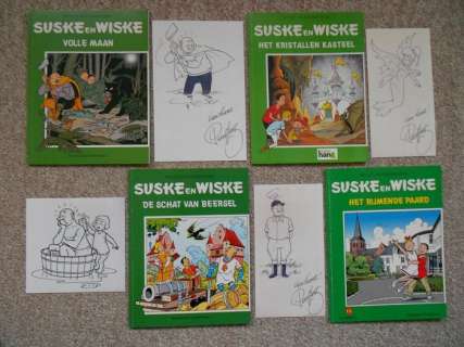 Willy Vandersteen | Suske en Wiske - Volle Maan + Het Kristallen Kasteel + De Schat van Beersel + Het Rijmende Paard - Met 4x fraaie pentekening door Paul Geerts - Broché - Réédition - (1997/2003) | Catawiki
