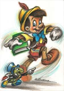 Joan Vizcarra | Pinocchio and Jiminy Cricket go to School - Original Drawing - Signed by Joan Vizcarra - Coloured Pencil Art | Catawiki
