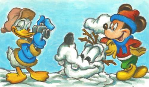 Joan Vizcarra | Donald Duck, Mickey Mouse & Goofy The Snowman - Original Painting - 47 x 30 cm - Joan Vizcarra Signed - Original Artwork - Acrylic Art | Catawiki