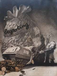 Gal | GAL - Originele tekening in kleur - De Morgen - Begrotingstekort Regering Martens - (1980) | Catawiki