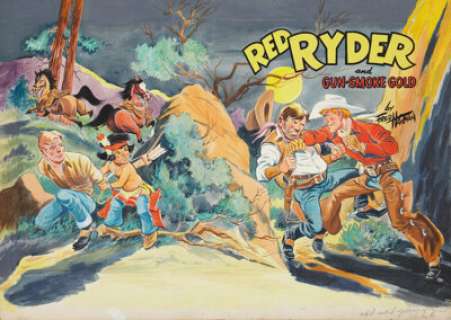 Red Ryder and Gun-Smoke Gold Book Cover Original Art (Whitman, 1954). Fantastic, action-packed, wrap-around -