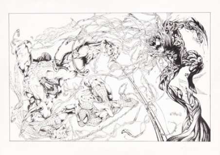 Bart Sears (as Wittman) Spider-Man and Symbiotes Illustration Original Art (1992). Spidey faces Venom and Carnage -