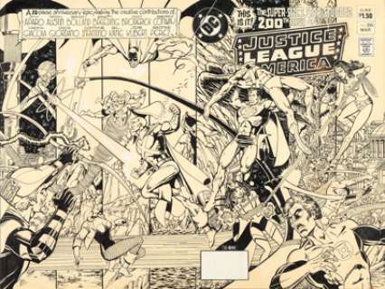 George Perez Justice League of America #200 Wraparound Cover Original Art (DC, 1982). For true-blue fans - | Heritage
