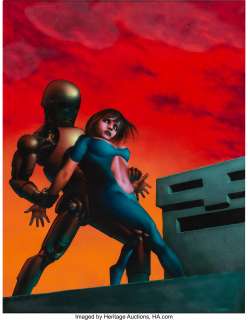 Richard Corben - Richard Corben Collector Cards #82 "Golden Robot... Blue Girl" Painting Original Art (Comic Images, 1993).