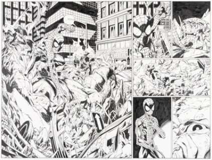 Bagley, Mark - Mark Bagley and Scott Hanna Ultimate Spider-Man #77 Double Page Spread 1-2 Original Art (Marvel, 2005).... (Total: 2 Original Art)