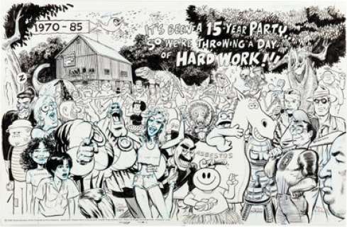 Peter Poplaski, Don Simpson, and Denis Kitchen - 15th Year Anniversary Party Invitation Illustration Original Art (Kitchen Sink Press, 1985).