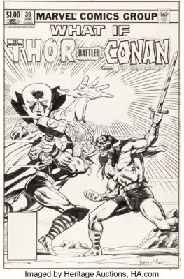 Ron Wilson and Mike Mignola What If? #39 Thor and Conan Cover Original Art (Marvel, 1983).