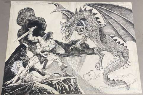 Alfredo Alcala - Savage Sword of Conan #199 Pgs. 58 & 59 - Poster Sized - Conan, Babe, & Flying Lizard Monster Dps - 1992 Signed