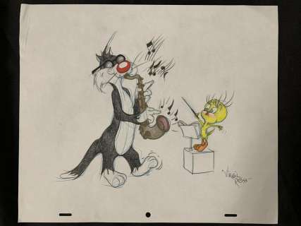 Signed Virgil Ross Drawing, Tweety & Sylvester | Weiss Auctions