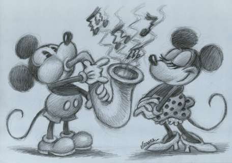 Joan Vizcarra - Mickey’s Jazz Serenade for Minnie – Original Pencil Drawing | Catawiki