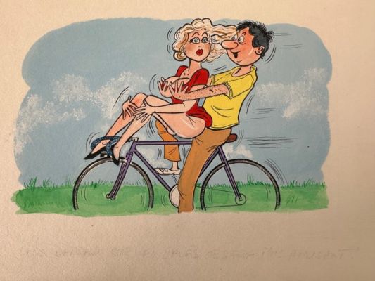 Robert Huet dit Alexandre - 1 Original colour drawing - balade à vélo - vous verrez sur les pavés ce sera plus amusant - 1970 | Catawiki
