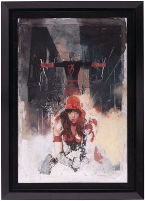 Lot 61 - BILL SEINKIEWICZ DAREDEVIL VOL. 5 #6 COMIC BOOK COVER STUDY FRAMED PRELIMINARY ORIGINAL ART (FEATURING ELEKTRA). | Hake’s