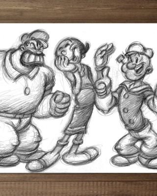 Joan Vizcarra - Crayon original - Popeye, Olive Oyl & Bluto – Hand Signed | Catawiki