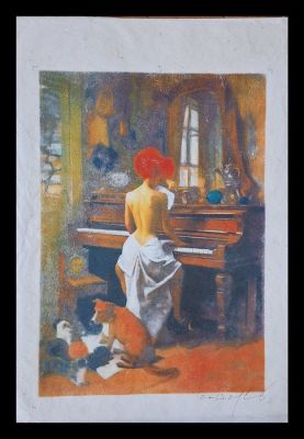 Emma Wildfang - 1 Monotype original en couleur - Original artwork "A Small Salon Nocturne" - Echoes of the Fin de Siècle Edition | Catawiki