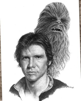 Oscar G. Calibos - Crayon - Han Solo & Chewbacca – Hand Signed Original Drawing | Catawiki
