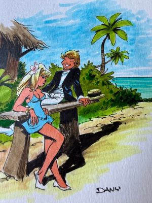 Dany (Henrotin, Daniel) - 1 Original colour drawing - Olivier Rameau - Olivier et Colombe à la plage