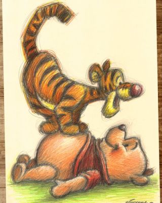 Joan Vizcarra Crayon - Winnie the Pooh & Tigger “Playful Bounce” – Hand Signed Original Drawing | Catawiki