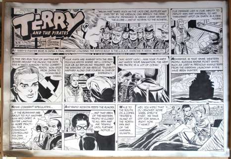 George WUNDER - Striscia originale domenicale Sunday comic strip Terry and the Pirates. Cm. 68 x 47,5 (enormous size). News Syndicate 6-8-1961. Firmata. Le singole vignette sono incollate su un cartone che presenta degli annerimenti sui bordi.