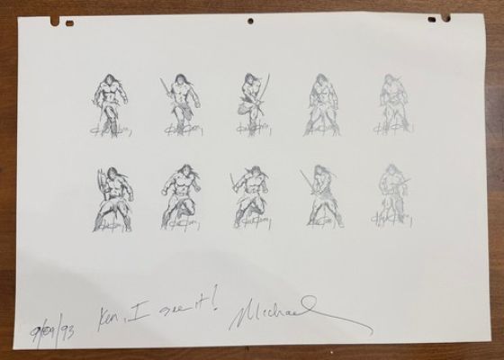 Ken Kelly Barbarian UNCUT SHEET of 10 ORIGINAL ART CARD DRAWINGS Promos FPG 1993