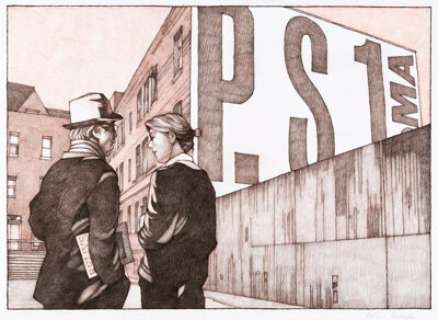 Miles Hyman - Couple in the City Illustration Original Art (undated). A couple talks with city buildings in the -